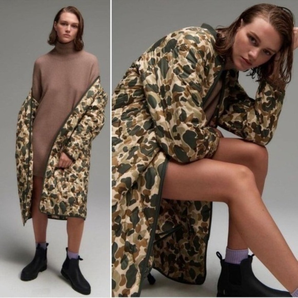 Everlane The ReNew Long Liner-Biscotti Camo Puffer Coat size small NWOT